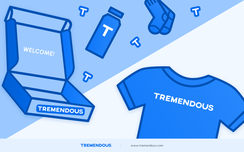 Swag, water bottles, socks, and a t-shirt cascading out of a box that says 'Tremendous' on the side.