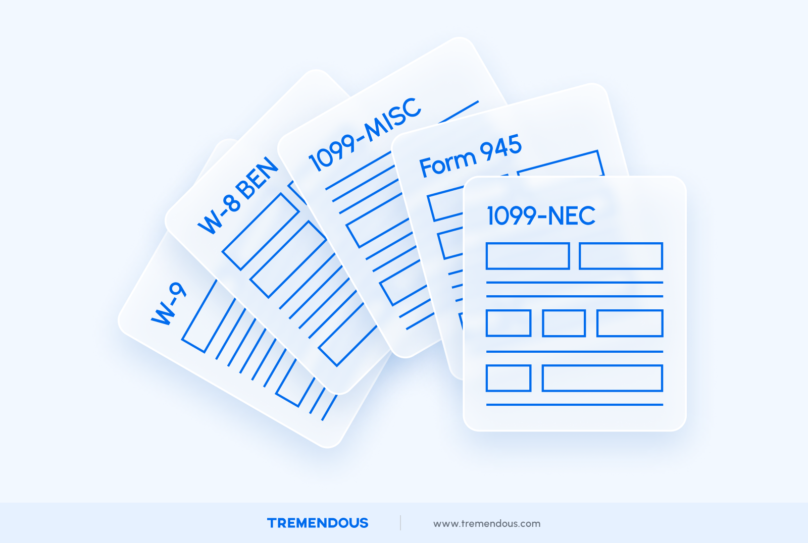 Five tax forms fanned out. These tax forms include, from left to right: a W-9, a W-8 BEN, a 1099 MISC, a form 945, and a 1099-NEC.