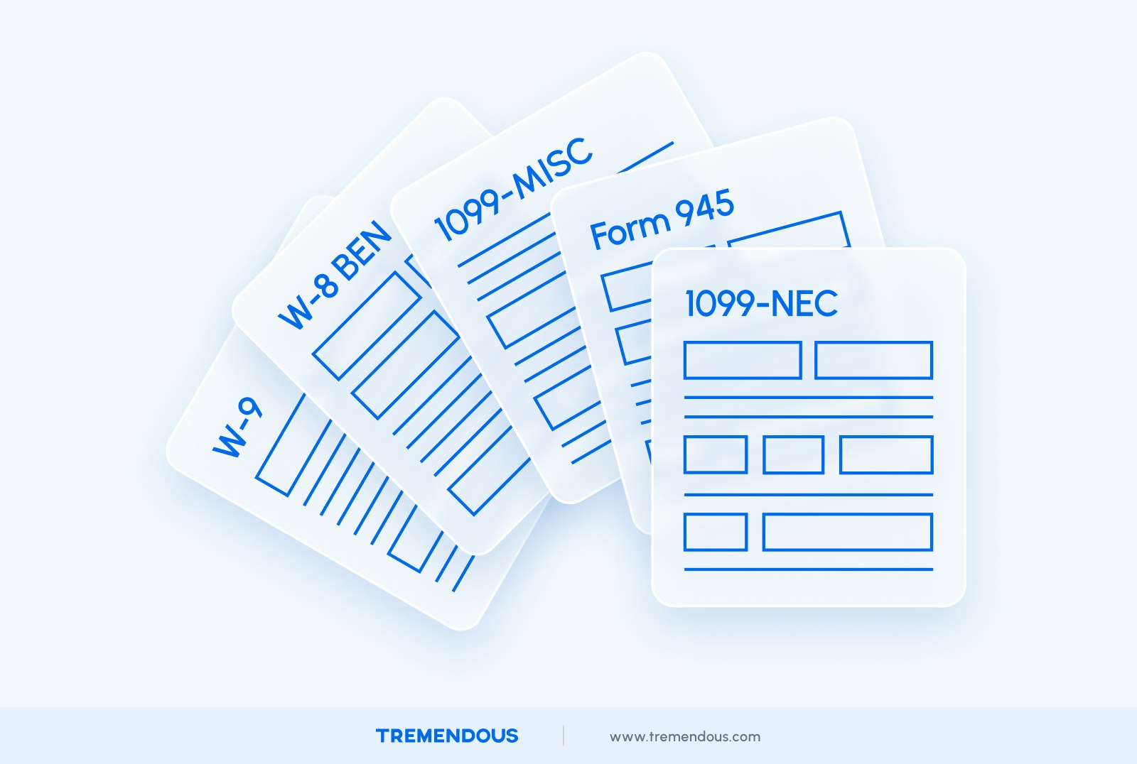 Five tax forms fanned out. These tax forms include, from left to right: a W-9, a W-8 BEN, a 1099 MISC, a form 945, and a 1099-NEC.