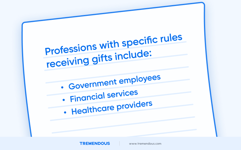A large piece of paper. The title reads: "Professions with specific rules receiving gifts include:" followed by a list of these professions: government employees, financial services, and healthcare providers.