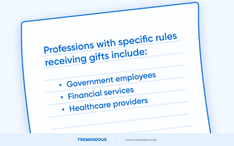A large piece of paper. The title reads: "Professions with specific rules receiving gifts include:" followed by a list of these professions: government employees, financial services, and healthcare providers.