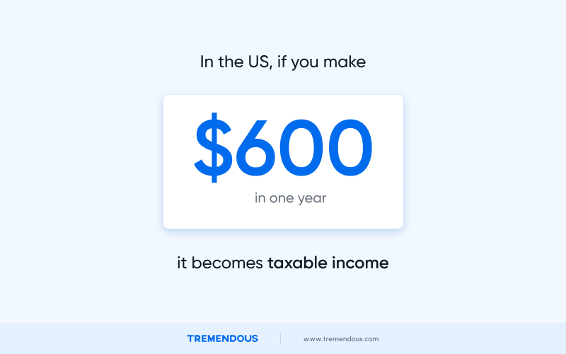 A graphic that says "In the US, if you make $600 in one year, it becomes taxable income."