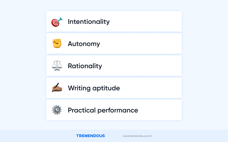 Four bars: One says "intentionality", one says "autonomy", one says "rationality", one says "writing aptitude", and one says "practical performance."