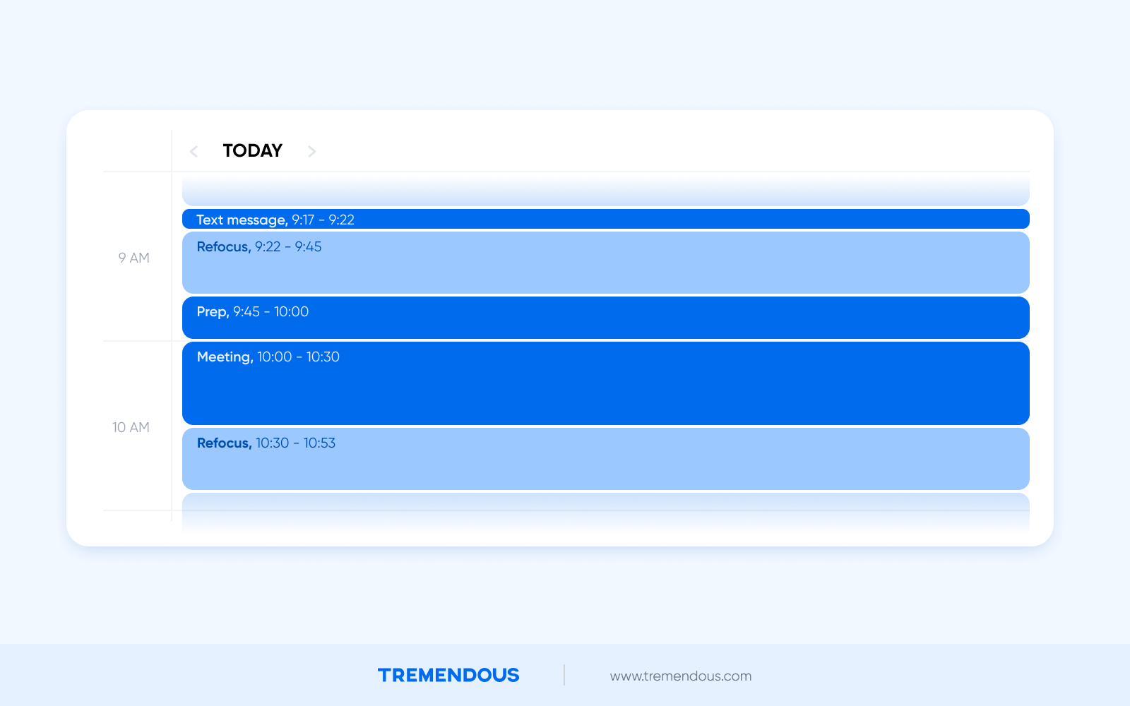A Google calendar that shows a person spending 5 minutes to send a text message, then 23 minutes to refocus on their original task after sending the text. They then spend 15 minutes prepping for a meeting, a half hour in the meeting, and 23 minutes refocusing on their original task after the meeting