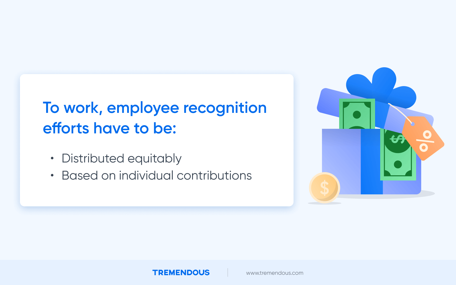 A text box that reads: "To work, employee recognition efforts have to be: Distributed equitably and based on individual contributions."