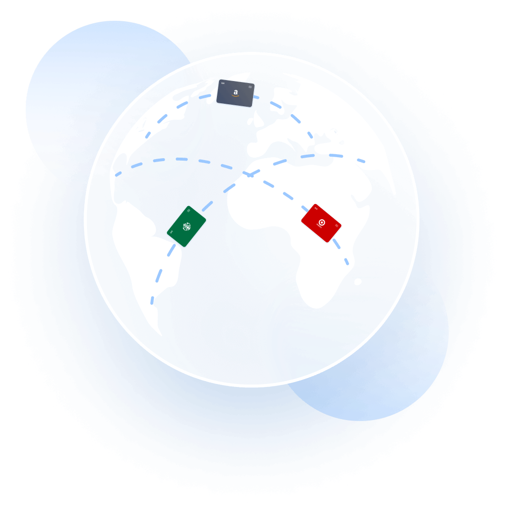 Illustrative world globe with payment card symbols