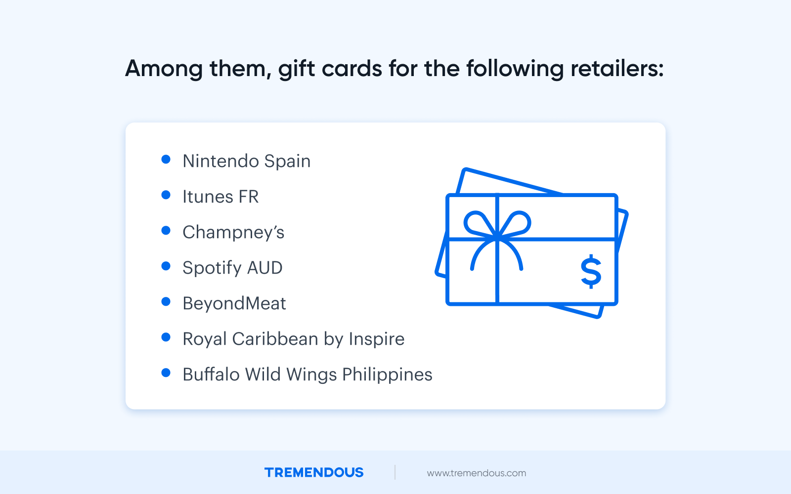 A list of the least popular gift cards redeemed, including: Nintendo Spain, Itunes FR, Champney's, Spotify AUD, BeyondMeat, Royal Caribbean by Inspire, and Buffalo Wild Wings Philippines.