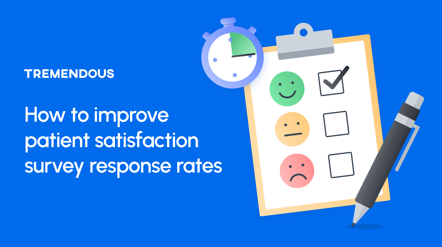 On the left, text reads: "How to improve patient satisfaction surveys." On the right is an image of a clipboard.