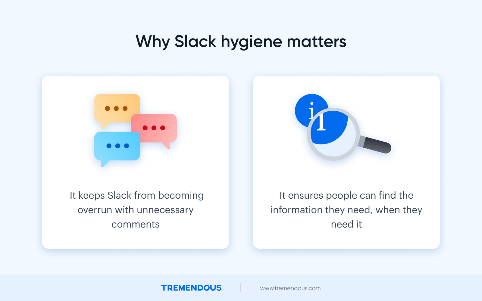 Text reads, "Why Slack hygiene matters." Then, a list reads: it keeps Slack from becoming overrun with unnecessary comments, and it ensures people can find the information they need, when they need it."