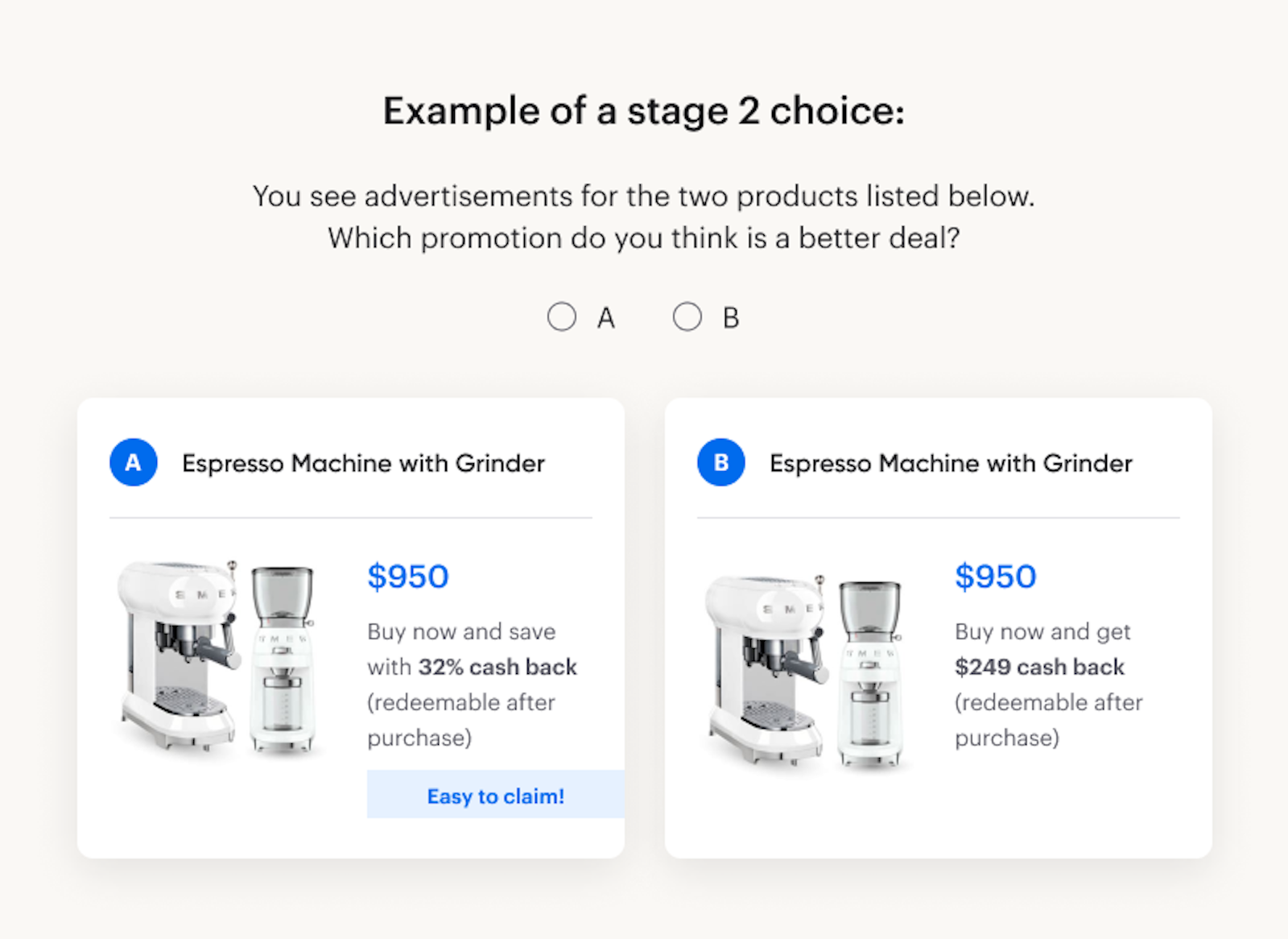 A screenshot of the two advertising options research participants considered when taking our discrete choice experiment.