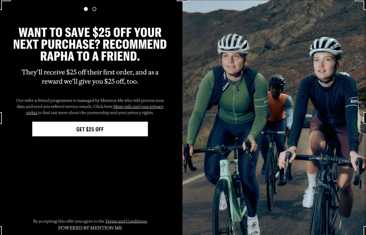 A screenshot of a referral offer for $25 to Rapha customers.