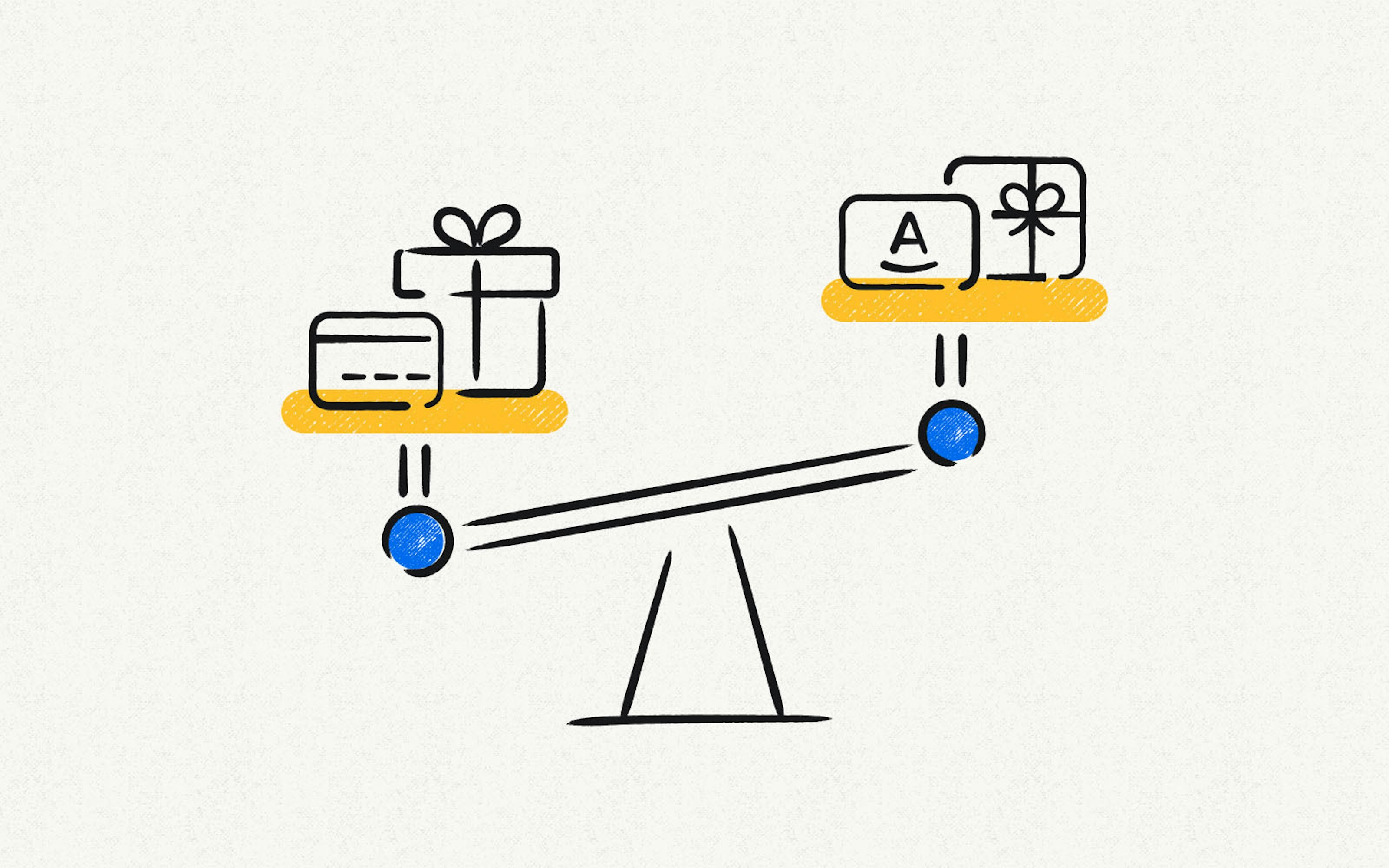 A see-saw with a prepaid Visa gift card on one side, and an Amazon gift card on the other.