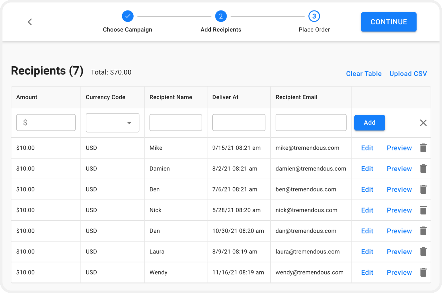 Image showing the Tremendous interface where users input the list of recipients who will receive a consumer rebate.