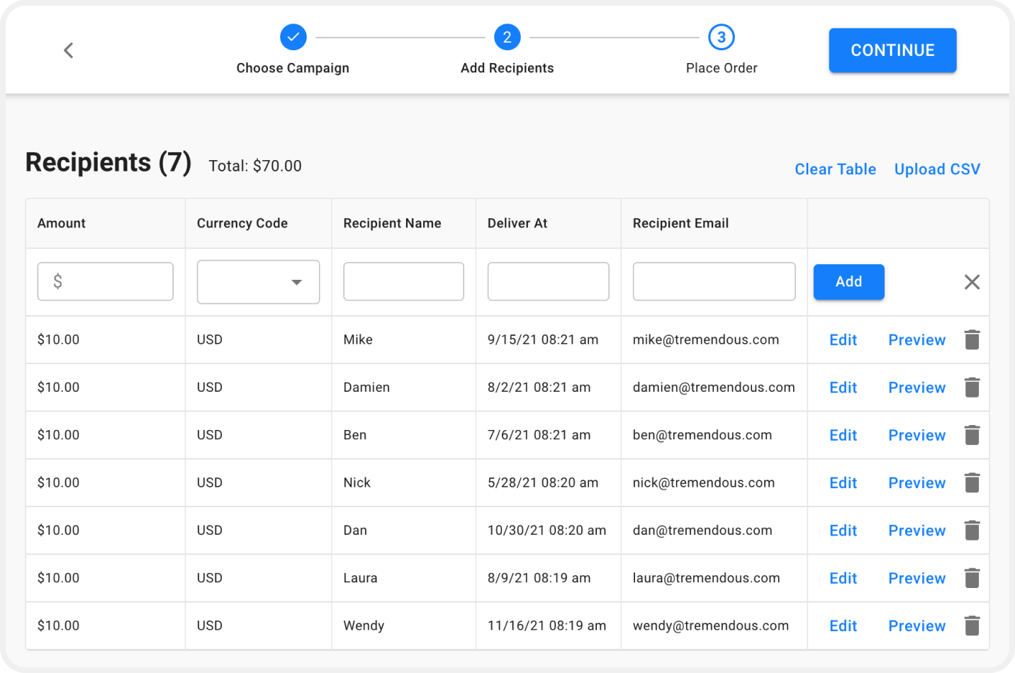 Image showing the Tremendous interface where users input the list of recipients who will receive a consumer rebate.
