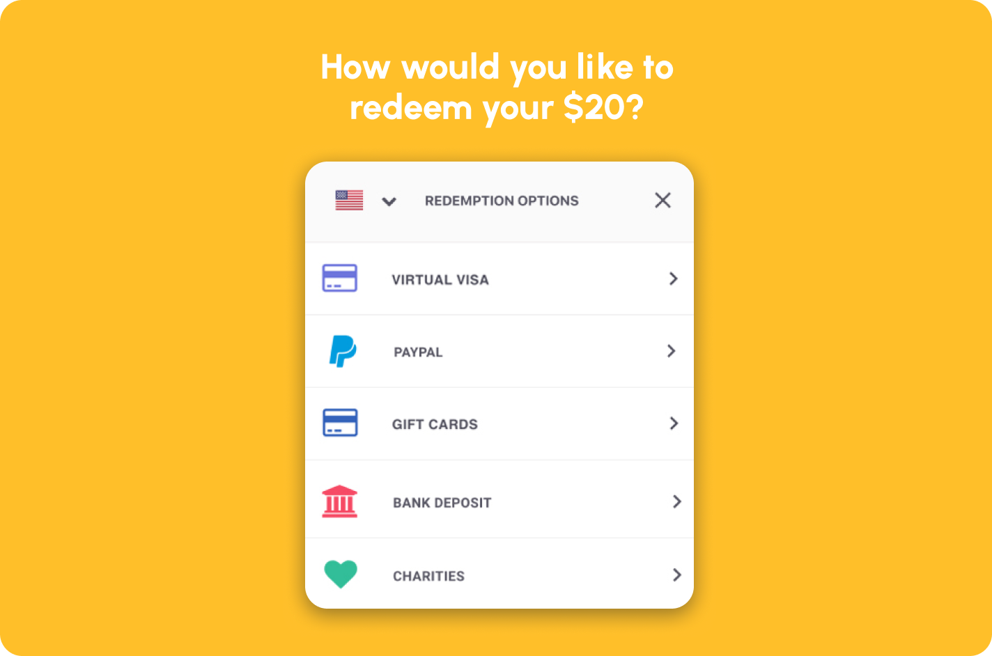 Image of Tremendous' reward redemption screen, displaying the incentive options available to recipients, including Visa prepaid cards, gift cards, money transfer options, and charities.