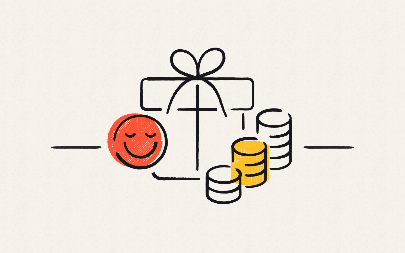 A gift surrounded by coins and a smiley face.
