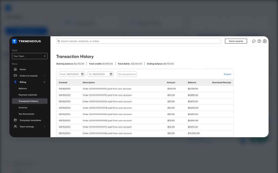 A screenshot of the Tremendous transaction history function.