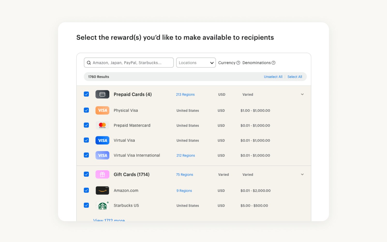 A screenshot of the Tremendous UI for selecting which incentives to send.