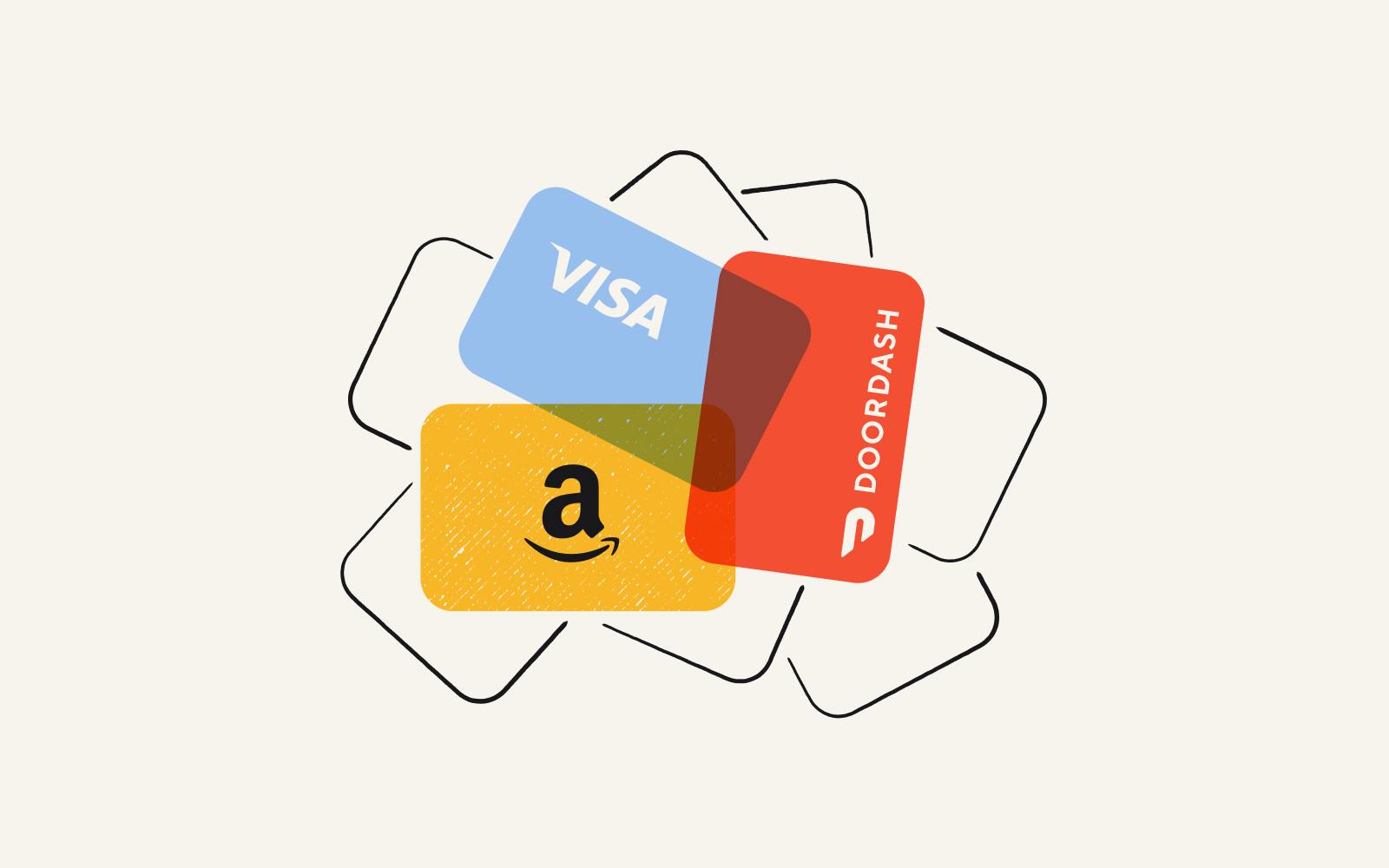 A pile of gift cards, including Amazon, Visa, and Doordash.
