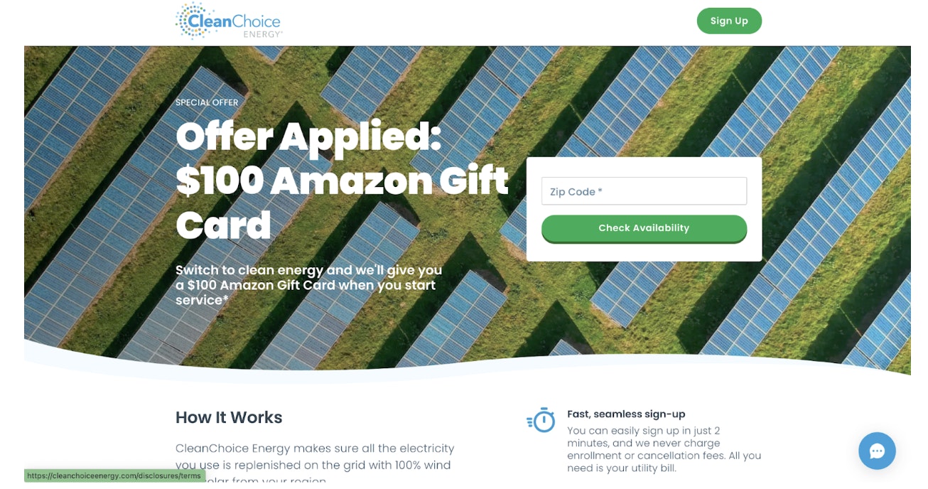 Clean Choice Energy's gift card with purchase offer.