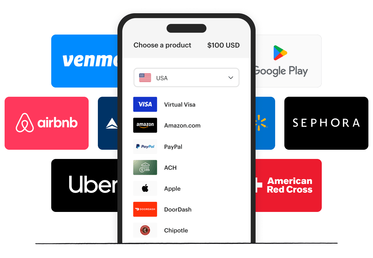 Mobile phone screen with various payout options, including Visa, Amazon, PayPal etc.