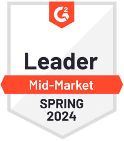The G2 leader mid-market badge for Spring 2024.