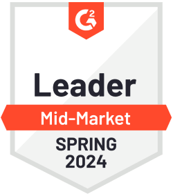 The G2 leader mid-market badge for Spring 2024.
