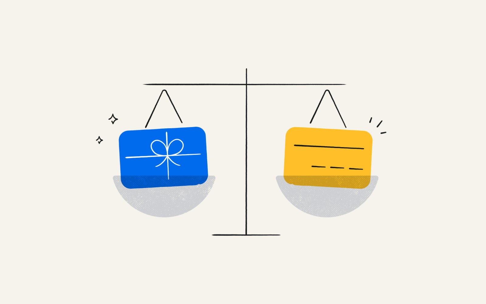 A scale with a prepaid debit card on one side and a gift card on the other.