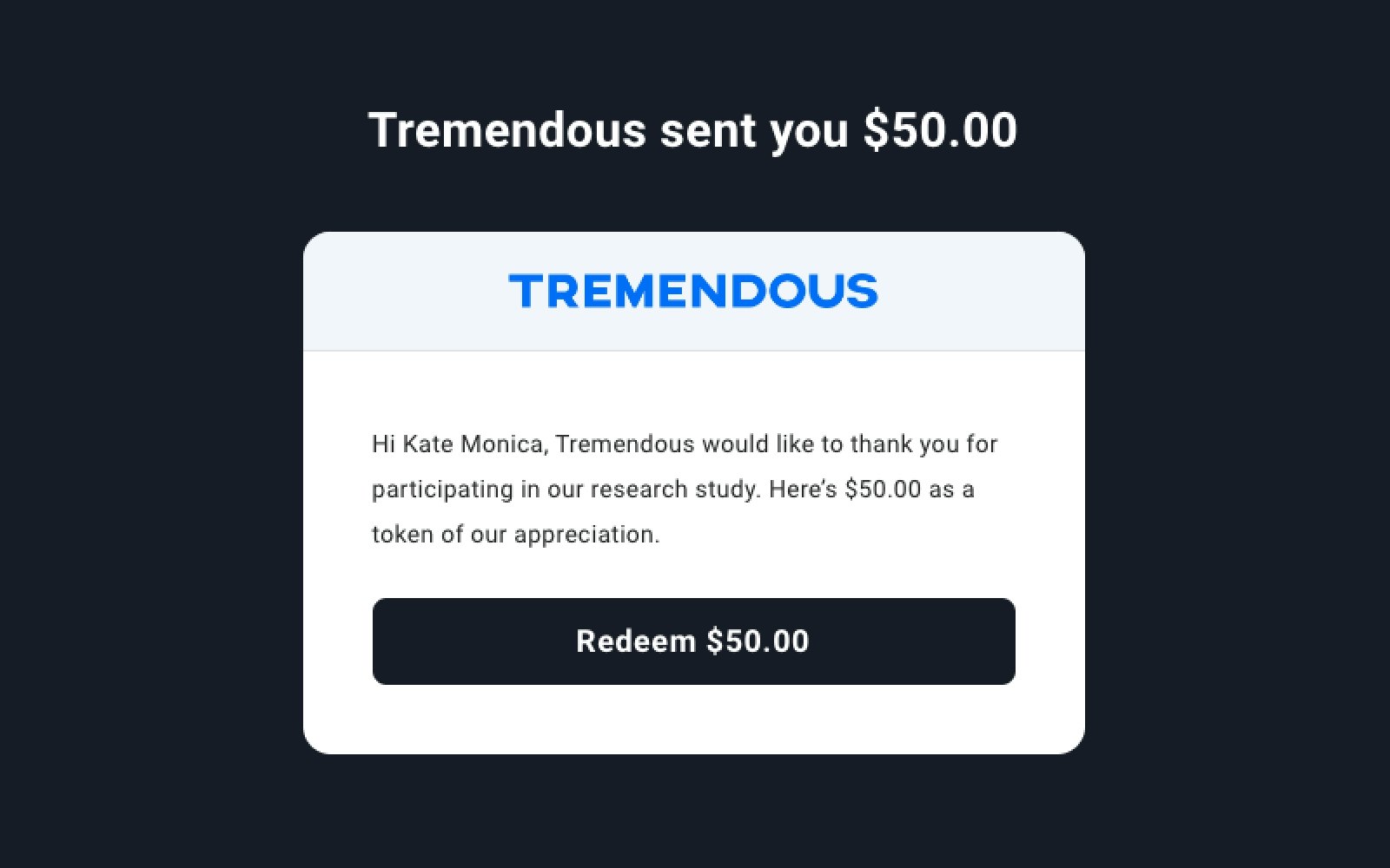 A screenshot of a Tremendous research incentive.