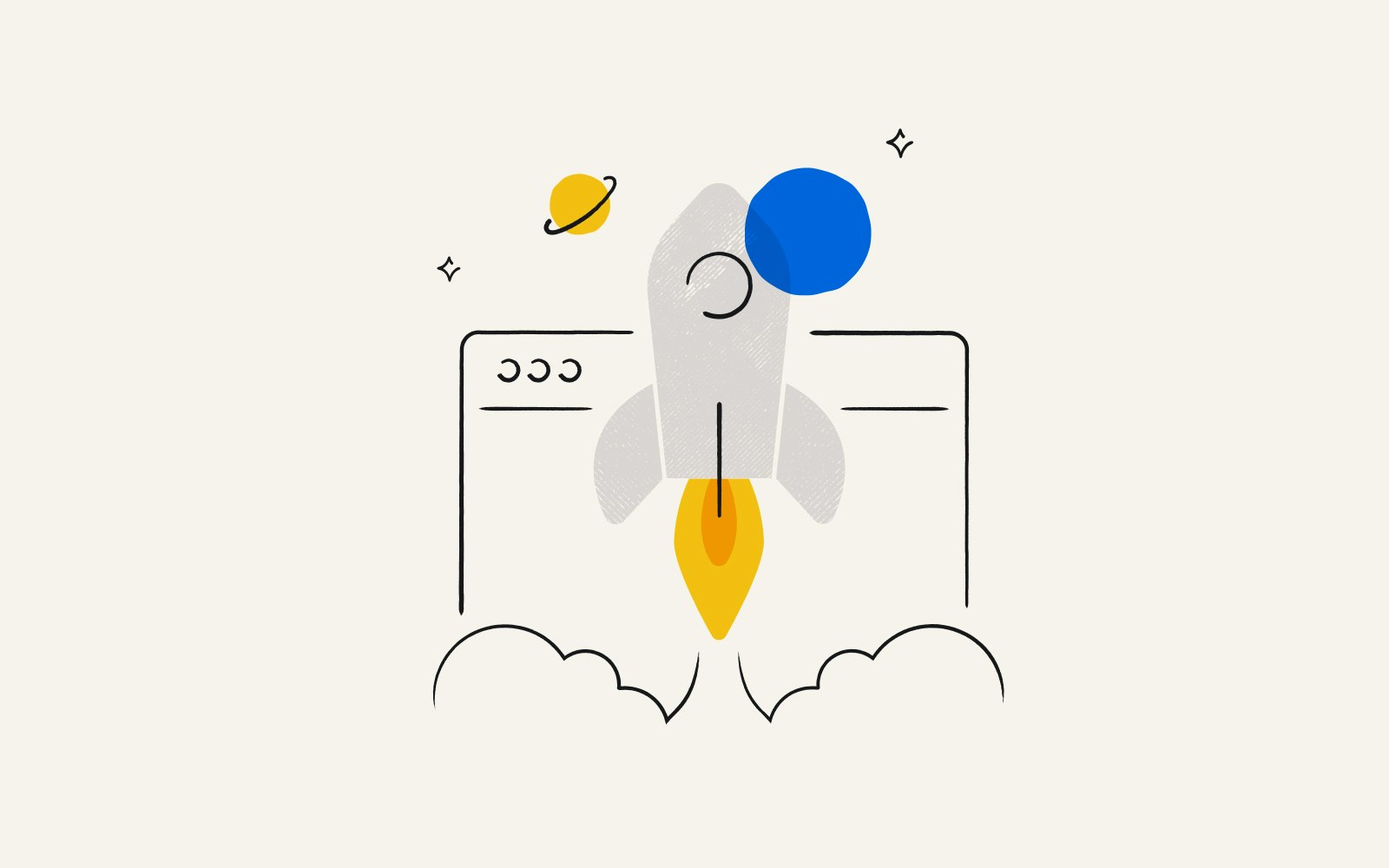 A new product UI and a rocketship, representing new product success.