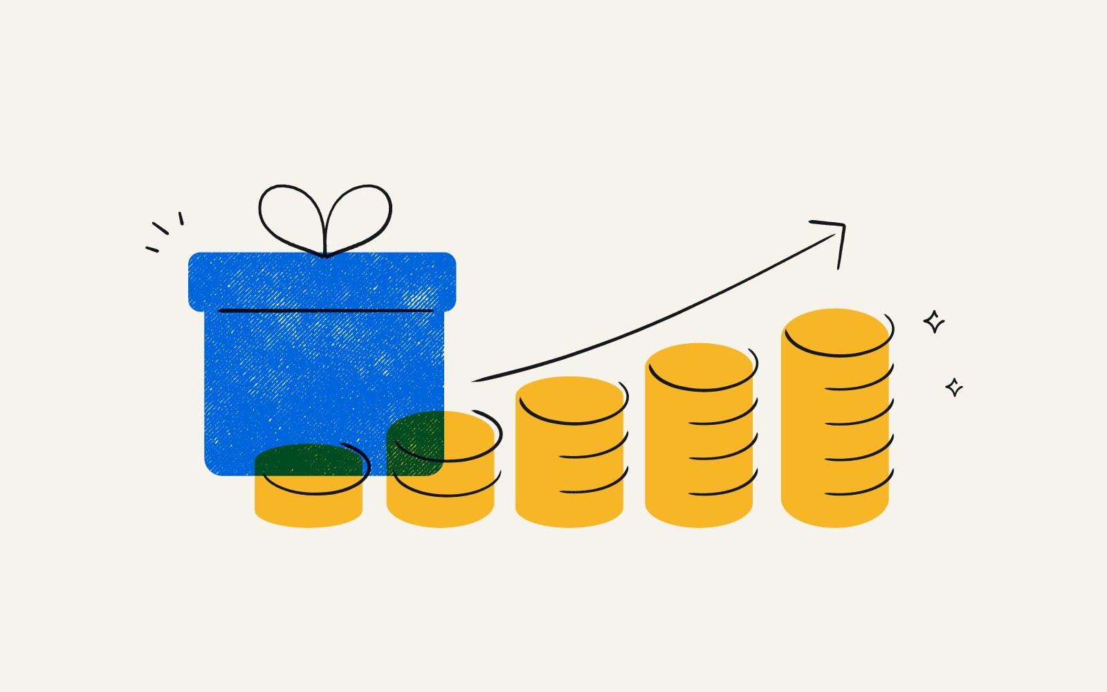 An illustration of a bar graph trending upward with money as the bars.