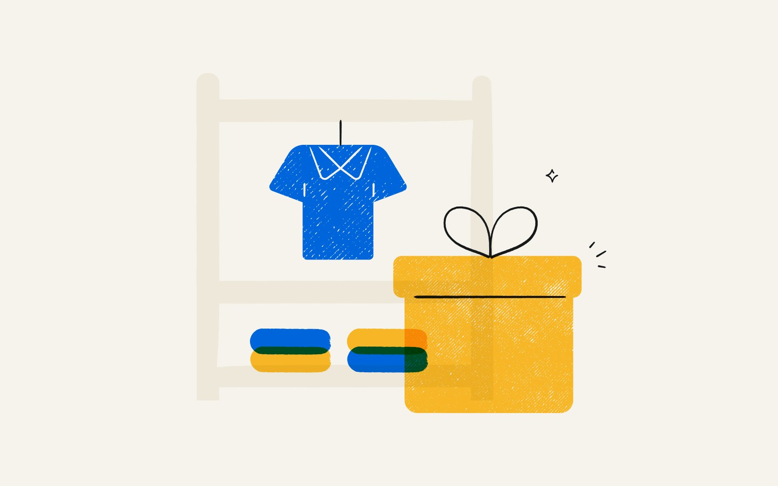 A hanging shirt, folded clothes, and a gift representing retail incentive plans.