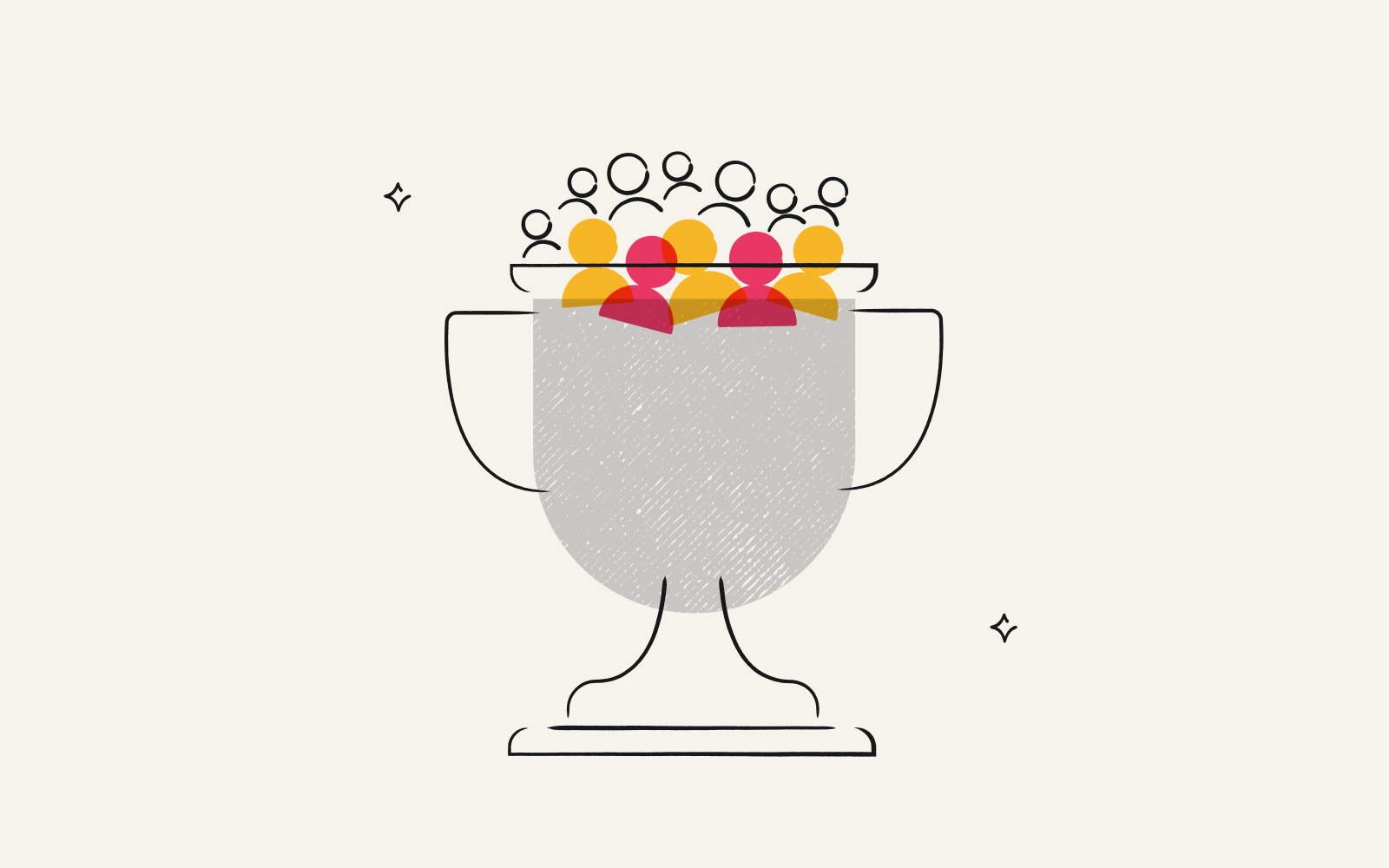 A trophy with customers in it representing customer acquisition.