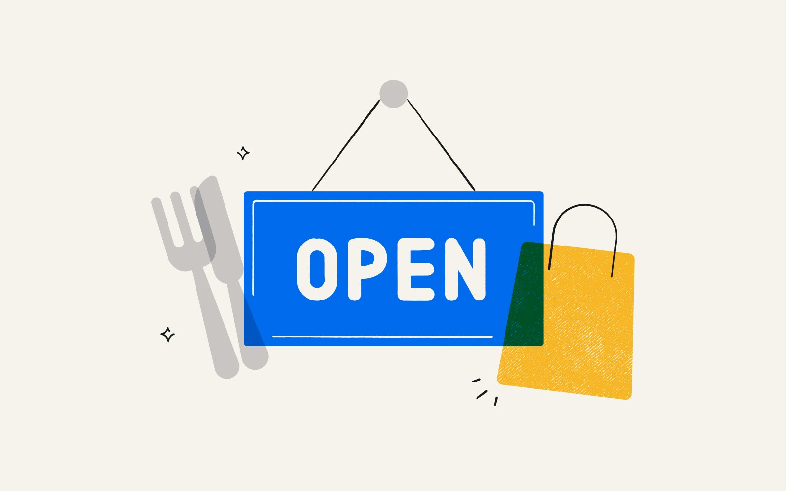 An 'Open' sign, a shopping bag, and silverware, representing retail and restaurants.