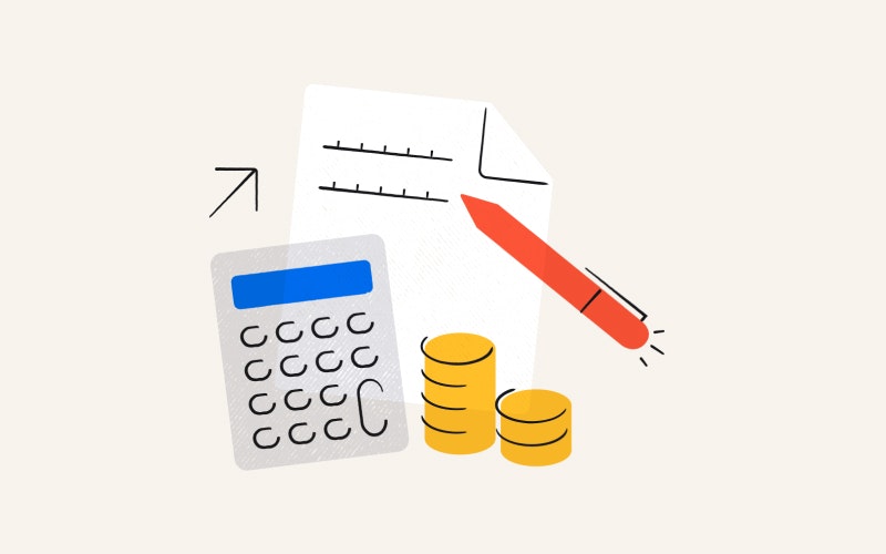 A calculator, money, and a balance sheet.