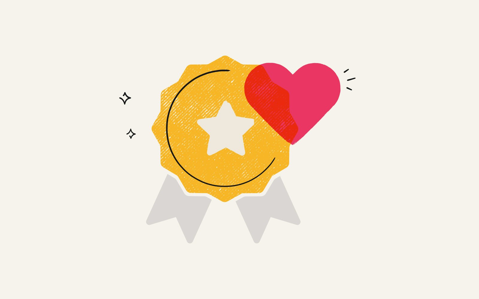 A prize badge and a heart representing employee recognition.