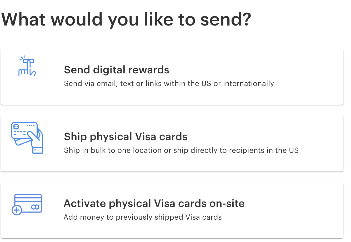 A screenshot of the Tremendous UI prompting users to decide the kind of reward they'd like to send.