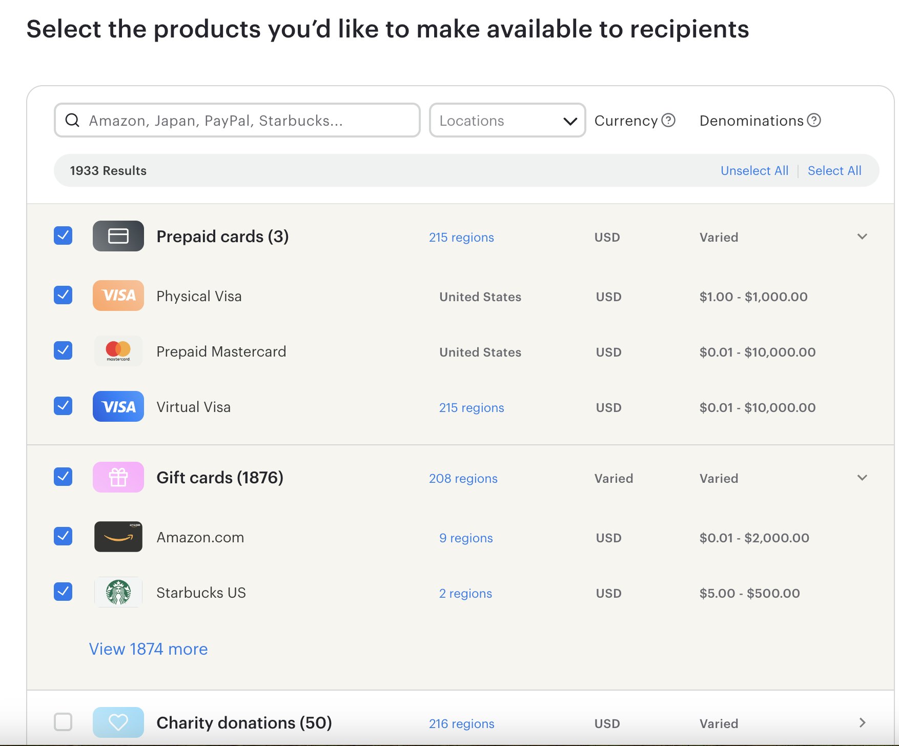 A screenshot of the Tremendous UI prompting users to select the products they'd like to make available to employees.