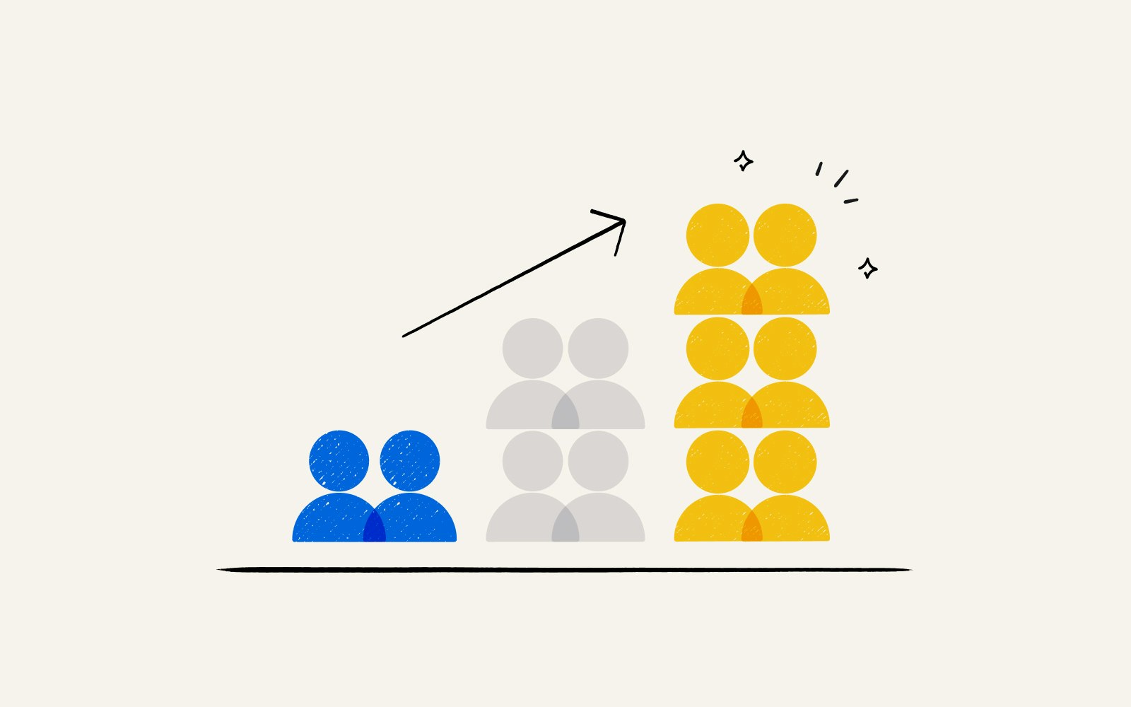 An illustration of a bar chart made of up people showing how customer acquisition and retention increase users over time