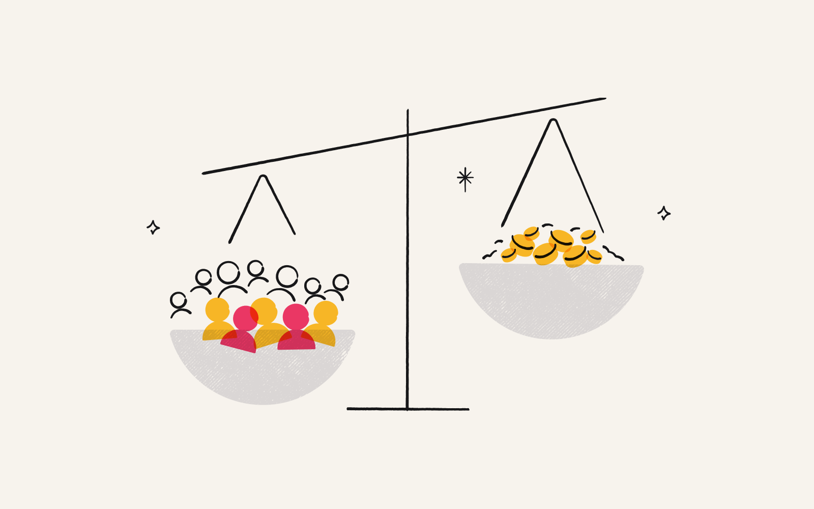 A scale weighing cost vs. customer acquisition, representing the balance between customer acquisition and cost of sales and marketing.