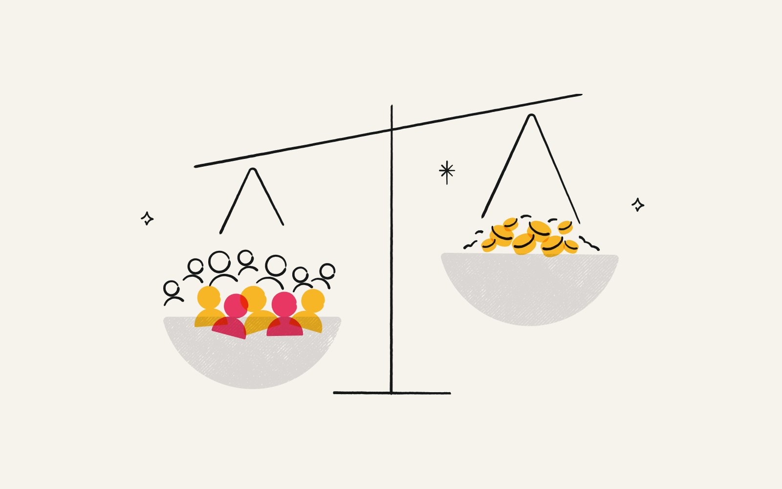 A scale weighing cost vs. customer acquisition, representing the balance between customer acquisition and cost of sales and marketing.