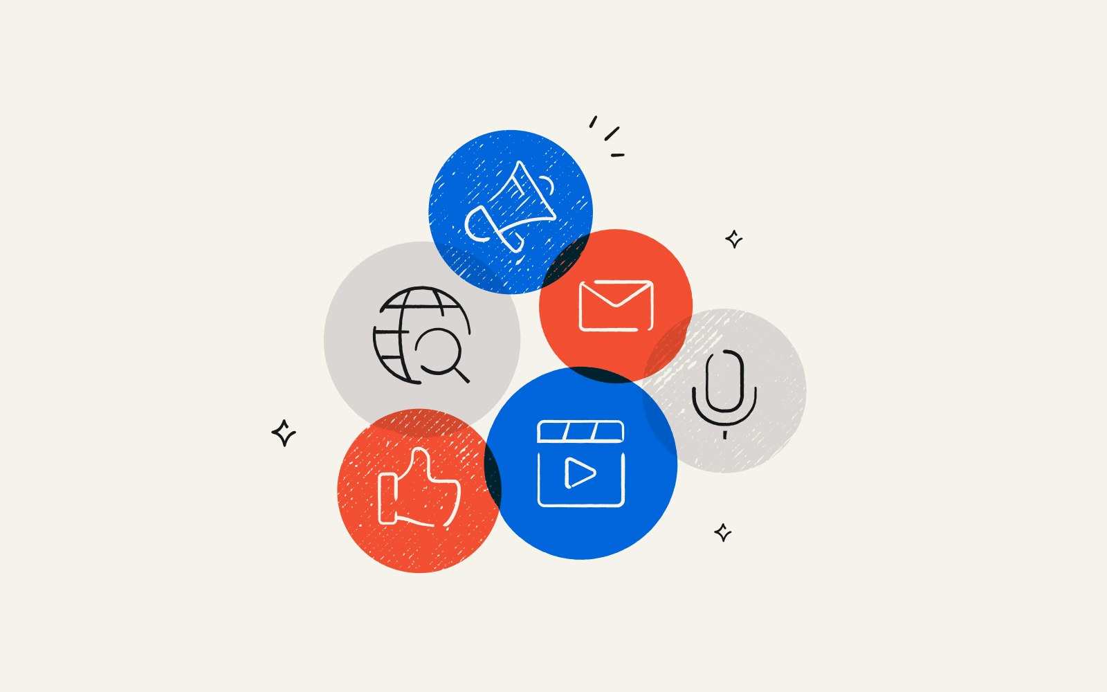 Illustration showing icons of different customer acquisition channels like email, social, and reviews