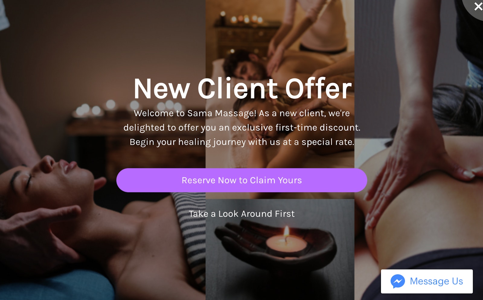 Screenshot of a spa page with a new client discount