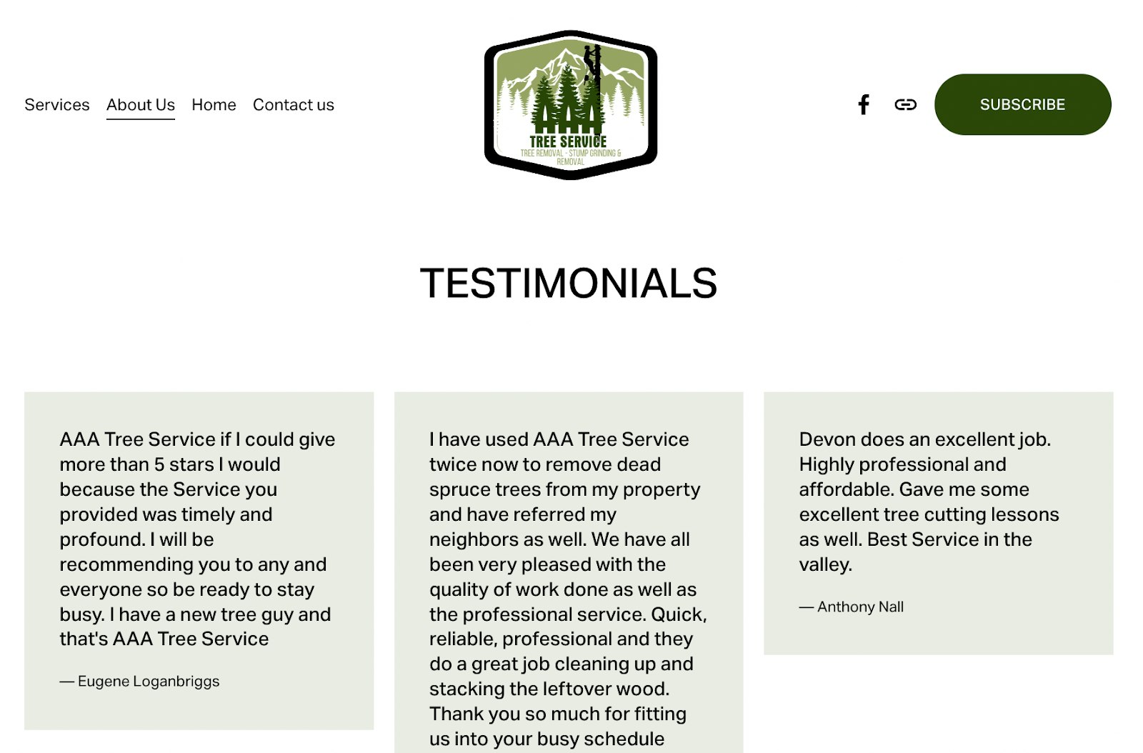 Screenshot of customer testimonials — a great way to attract new customers