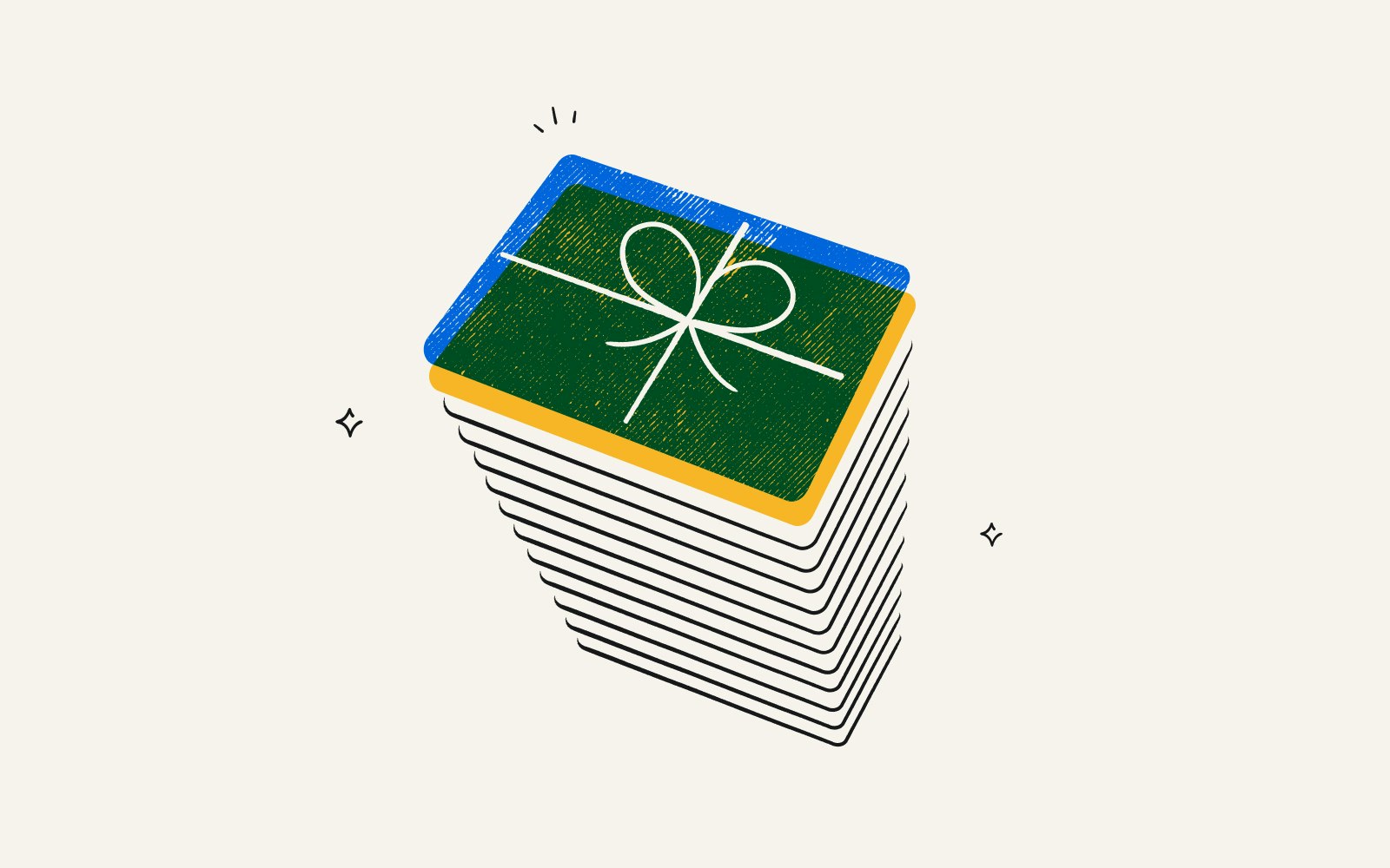 A stack of gift cards representing buying gift cards in bulk.