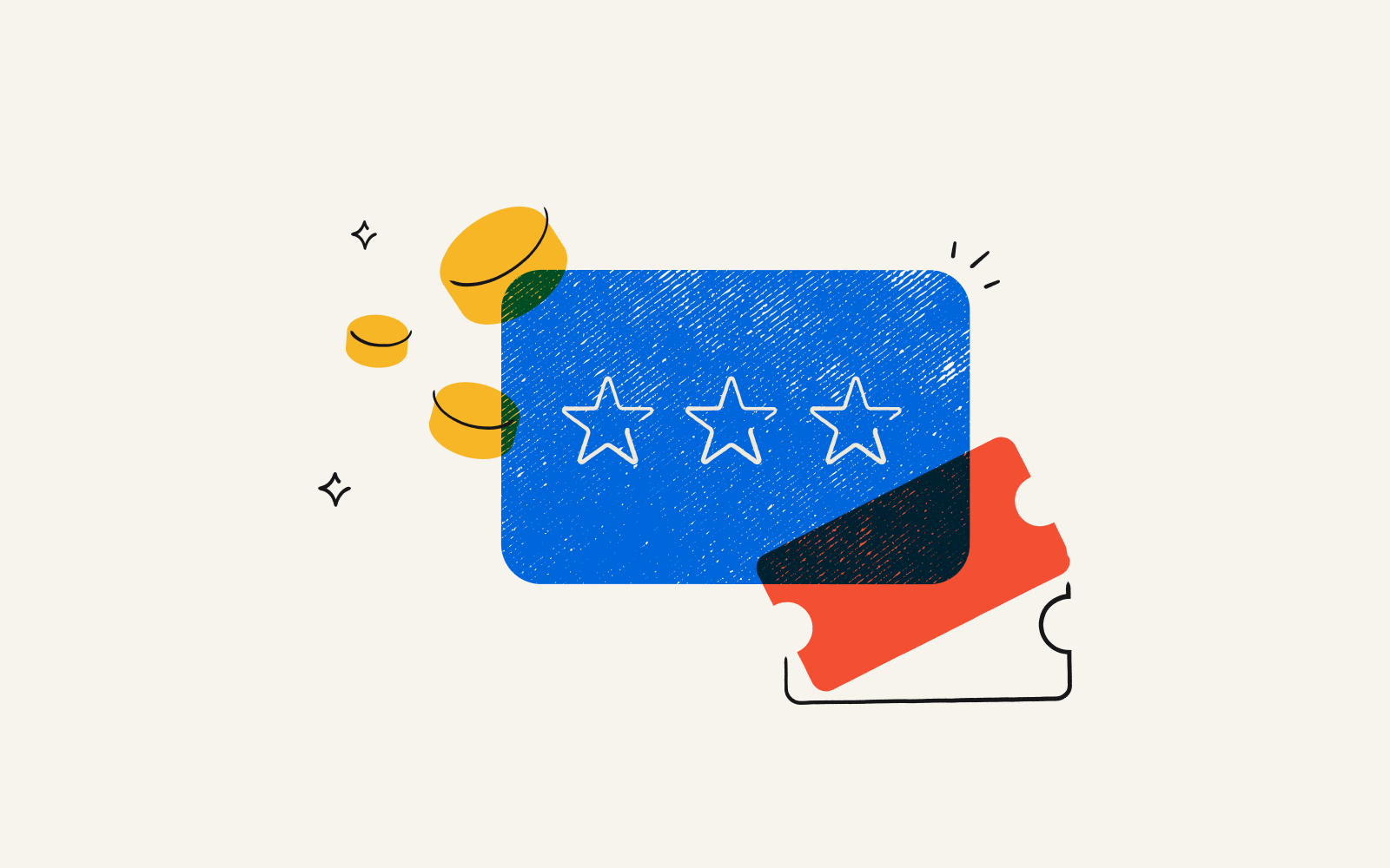 Illustration of a starred review, money, and tickets represnting a B2B customer loyalty program