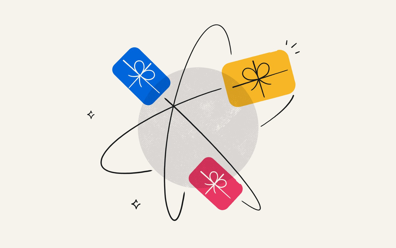 Illustration showing three gift cards in motion, conveying a gift card distributor