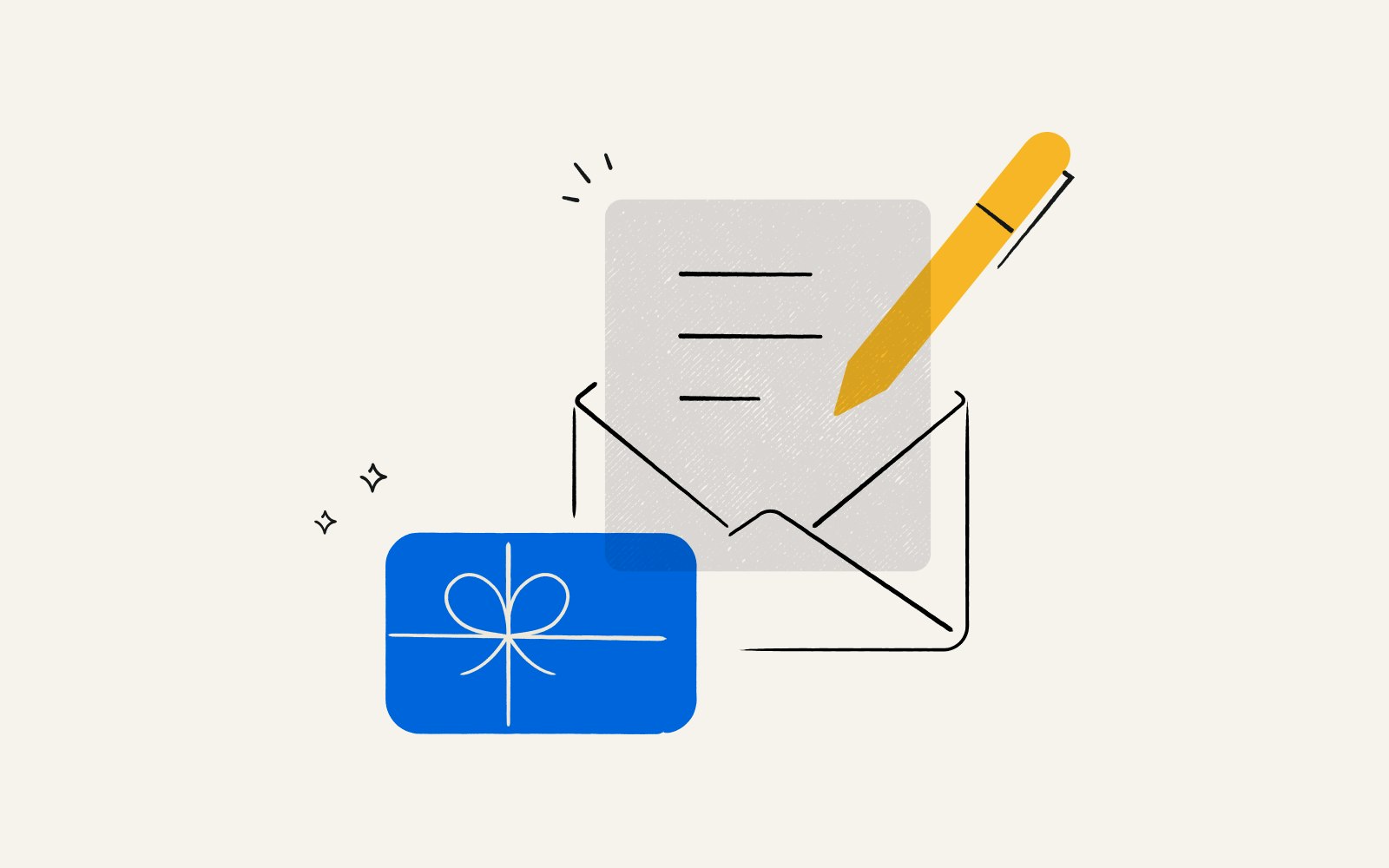 Illustration of a gift card and letter representing client apology emails
