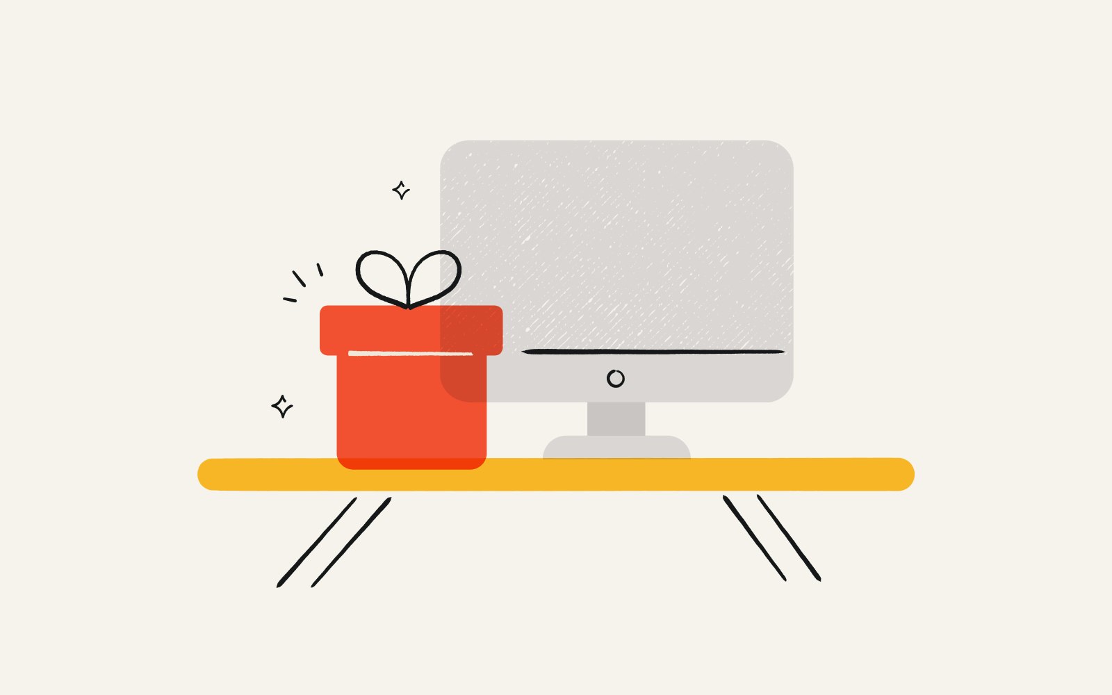 Illustration of a wrapped gift on someone's work desk