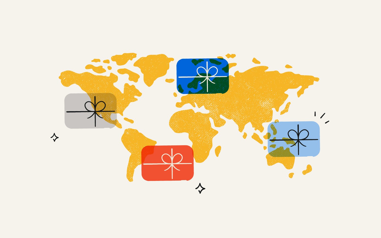Illustration of a world map with gift card icons in a few different countries